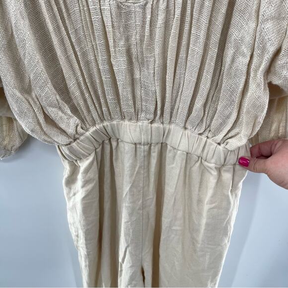 Free People Cream Linen Blend Boho Relaxed Fit Jumpsuit Size S Preppy Natural - Picture 9 of 16